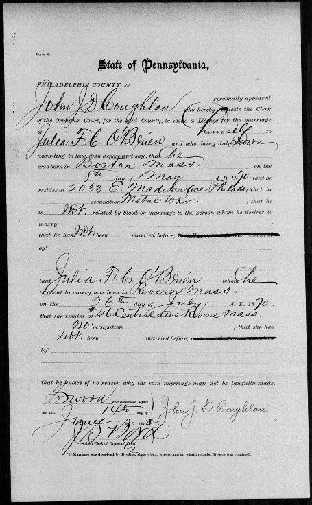 Marriage license of John D Coughlan and Julia F O'Brien